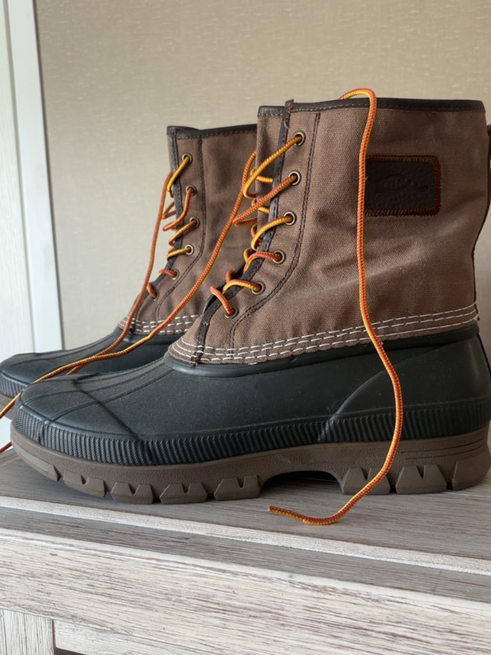 Men's Brown Waterproof Lace-Up Rain & Snow Boots with Orange Laces